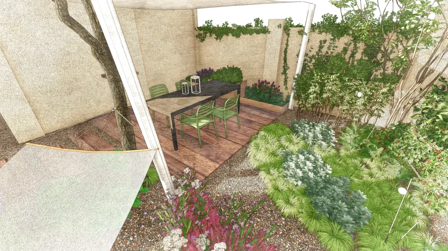 Render di progetto 3D Giardino con ghiaia con amaca abbracciata da aiuole di piante erbacee e luce a stelo per illuminazione esterna