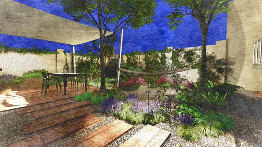 Render di progetto 3D visione notturna Giardino con ghiaia e pergola posata su pavimentazione galleggiante in gres, area living con tavolo sotto tenda a vela