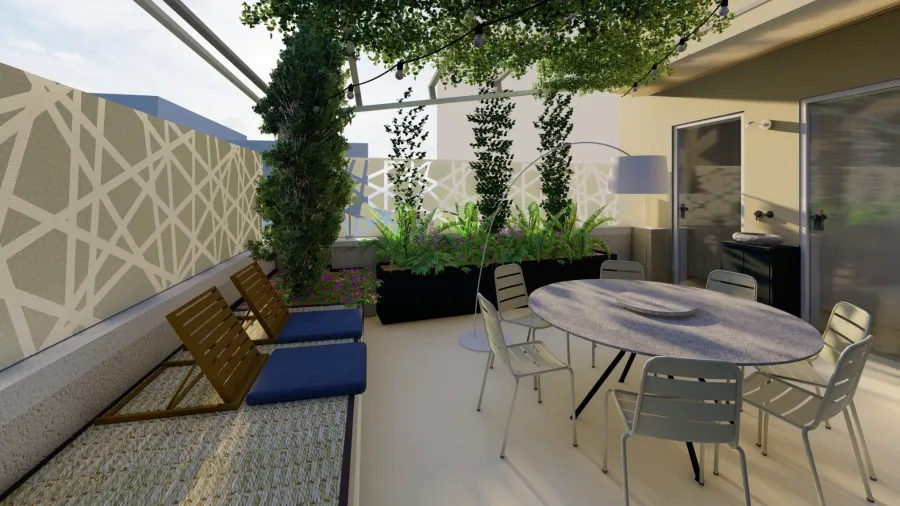 Render di progetto 3D Terrazzo con tavolo rotondo in pietra, luce outdoor a piantana e frangivista