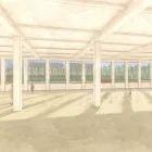 Render di progetto 3D per la creazione di una struttura di vasi e rampicanti a definire le finestre di una ex fabbrica convertita a spazio sociale in Via Cumiana 15
