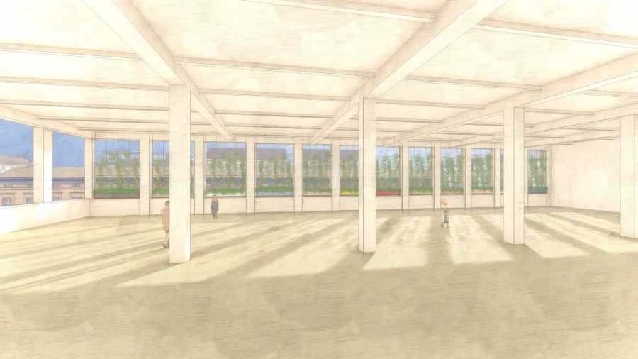 Render di progetto 3D per la creazione di una struttura di vasi e rampicanti a definire le finestre di una ex fabbrica convertita a spazio sociale in Via Cumiana 15