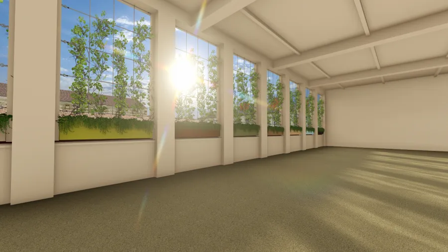 Render di progetto 3D per la creazione di una struttura di vasi e rampicanti a definire le finestre di una ex fabbrica convertita a spazio sociale in Via Cumiana 15