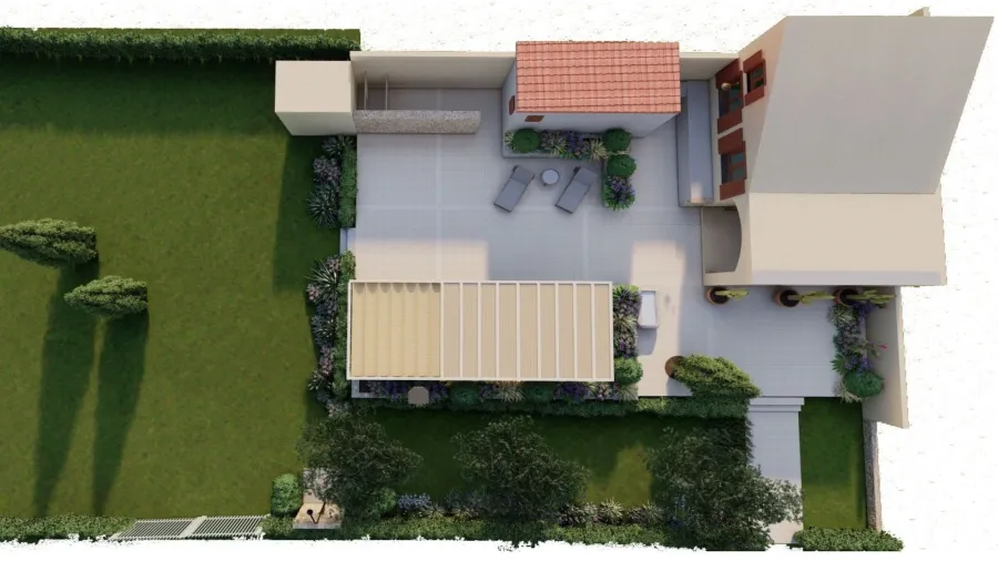 Render di progetto 3D Terrazza con pavimento in gres di una villa in Sicilia, con pergola bioclimatica, arreddo outdoor, doccia da esterno e zona tecnica con funzioni di piccola rimessa e lavanderia