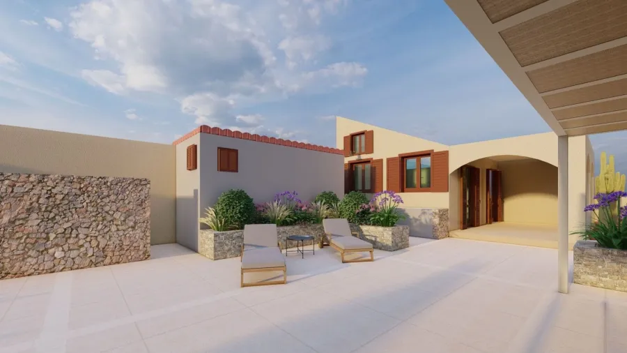Render di progetto 3D Terrazza con pavimento in gres di una villa in Sicilia, zona relax con arredi outdoor sdraie