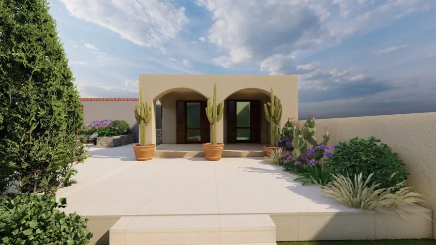 Render di progetto 3D Terrazza con pavimento in gres di una villa in Sicilia, ingresso all'abitazione con gradini e piante di abbellimento