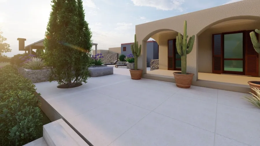 Render di progetto 3D Terrazza con pavimento in gres di una villa in Sicilia, ingresso all'abitazione con gradini e piante di abbellimento