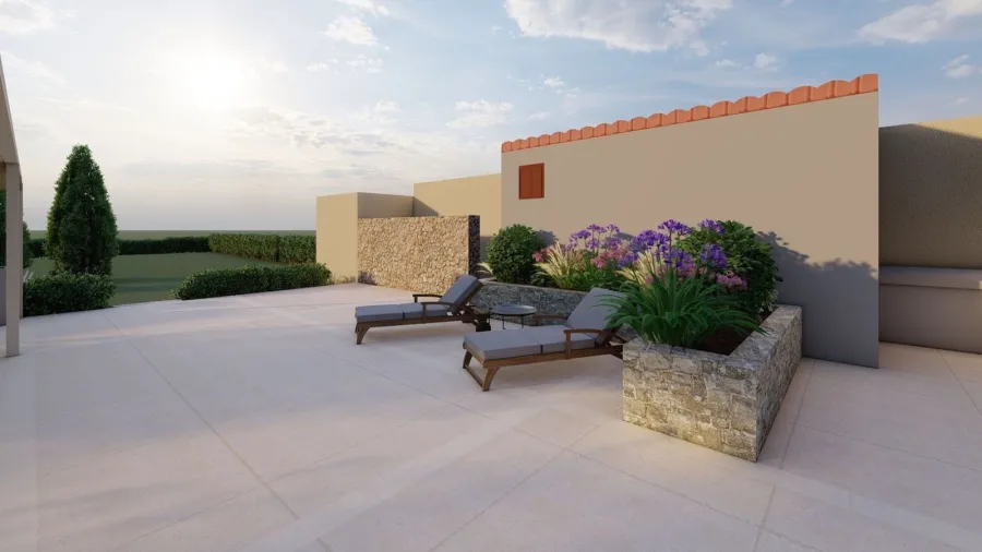 Render di progetto 3D Terrazza con pavimento in gres di una villa in Sicilia, zona relax con arredi e sdraio