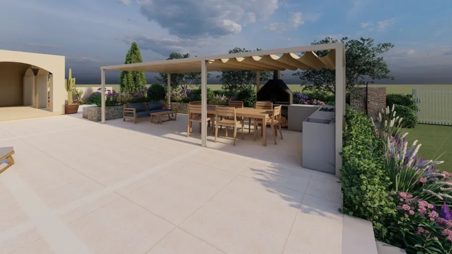 Render di progetto 3D Terrazza con pavimento in gres di una villa in Sicilia, con pergola bioclimatica e arredI: cucina da esterno, tavolo e sedie