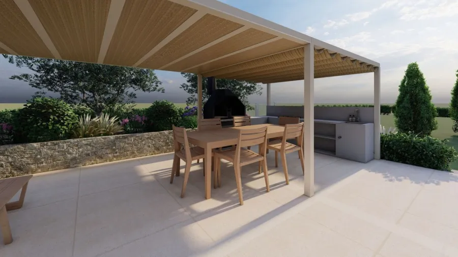 Render di progetto 3D Terrazza con pavimento in gres di una villa in Sicilia, con pergola bioclimatica e arredI: cucina da esterno, tavolo e sedie