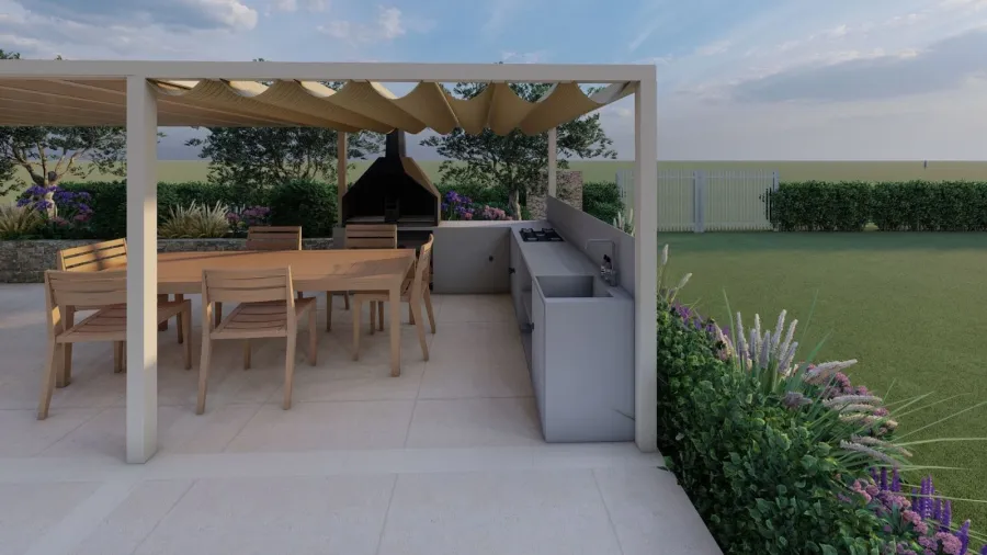 Render di progetto 3D Terrazza con pavimento in gres di una villa in Sicilia, con pergola bioclimatica e arredI: cucina da esterno, tavolo e sedie