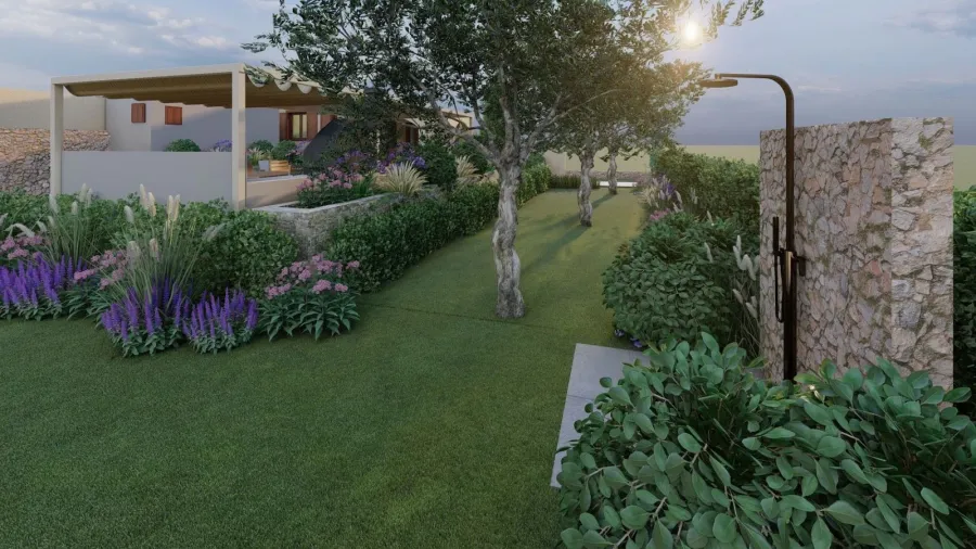 Render di progetto 3D Terrazza con pavimento in gres di una villa in Sicilia, doccia da esterno